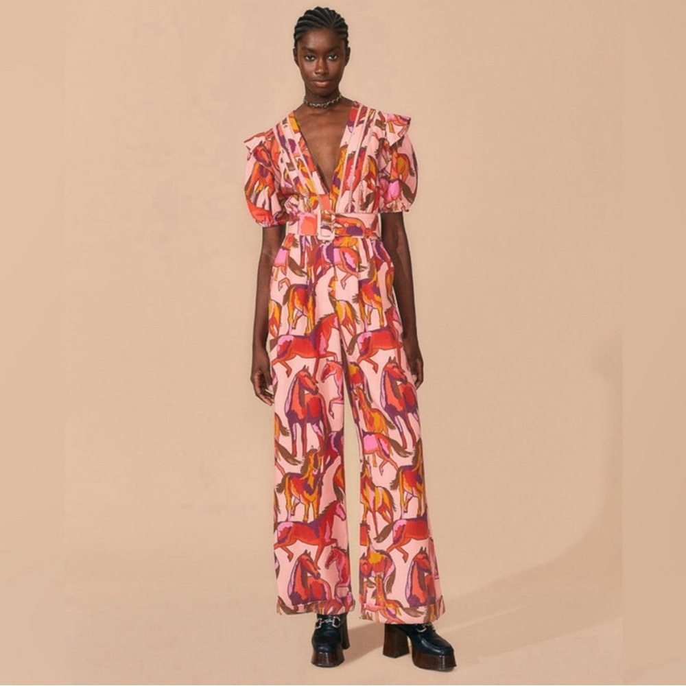 NWT Farm Rio Wild Horses Belted Wide Leg Jumpsuit RARE